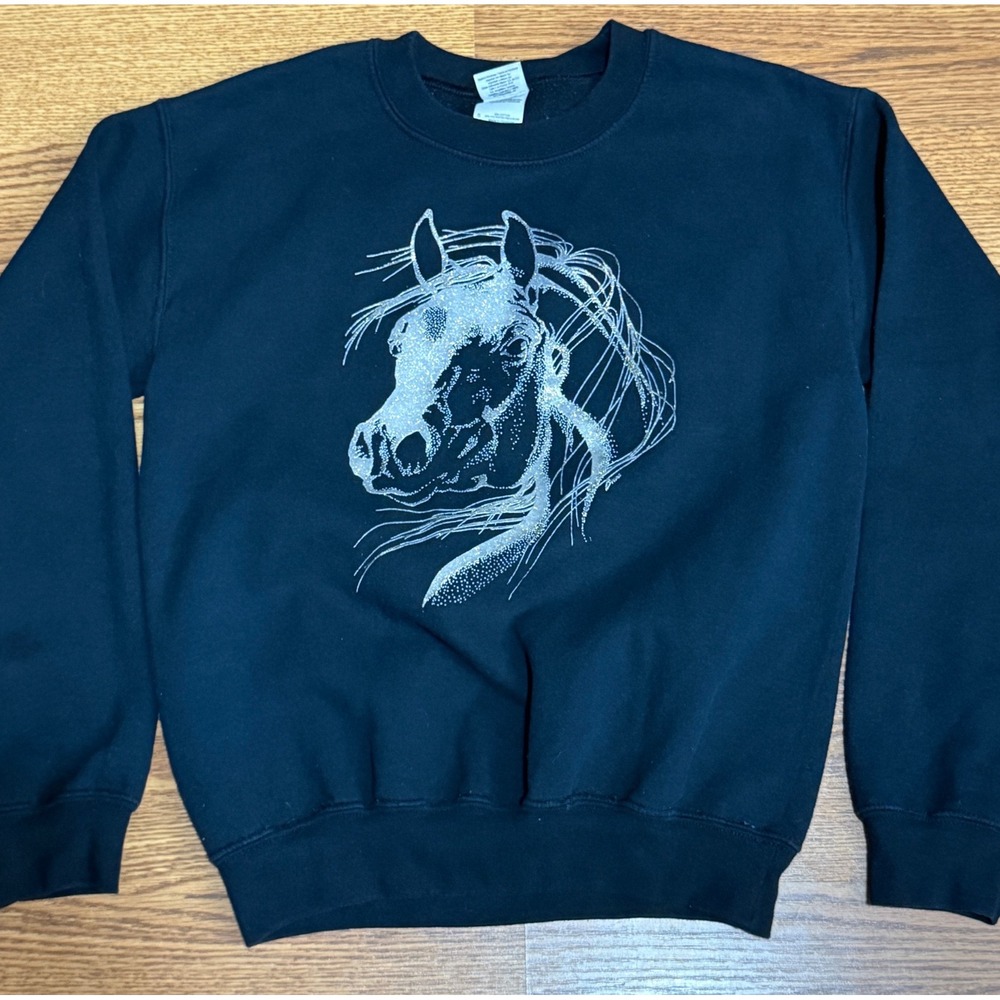 Gildan Black Glitter Horse Sweatshirt Western Equestrian Graphic Crewneck